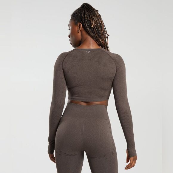 Gymshark Vital Seamless 2.0 Long Sleeve Crop Top Size S in Brown Marl NWT in pac - Picture 2 of 7